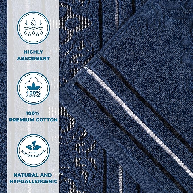 Superior Cotton 6 Piece Towel Set, 2 Bath, 2 Hand, 2 Washcloth/Face Towels, Quick Dry, Home Essentials, Shower, Spa, Luxury Plush Soft Absorbent Towels, Zero-Twist, Jacquard Floral, Navy Blue