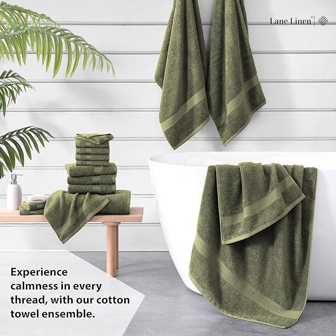 Lane Linen 100% Cotton Luxury Bath Towel Set - 16 Pieces - Ring Spun, Super Soft & Highly Absorbent - 4 Bath, 8 Washcloths, 4 Hand Towels for Bathroom - Minimal Lint & Fading, Pre Shrunk - Olive Green