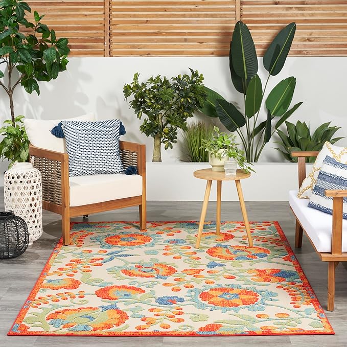 Nourison Home Aloha Red Multicolor 6' x 9' Area Rug - Easy Clean, Non Shedding, Bed Room, Living Room, Dining Room, Kitchen (6' x 9')