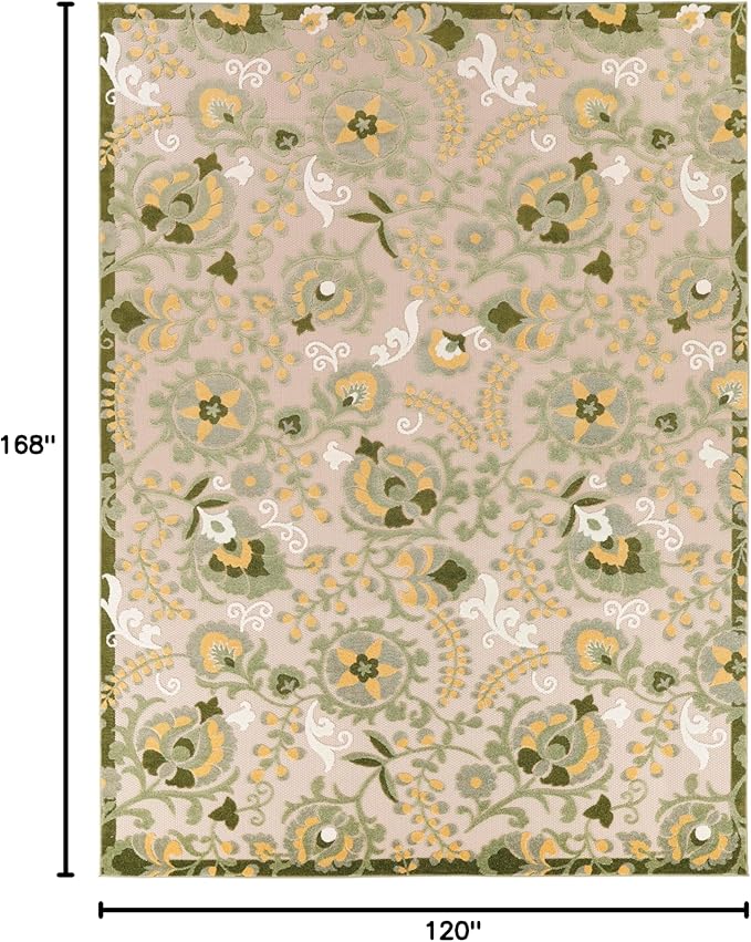Nourison Home Aloha Ivory Green 10' x 14' Area Rug - Easy Clean, Non Shedding, Bed Room, Living Room, Dining Room, Kitchen (10' x 14')