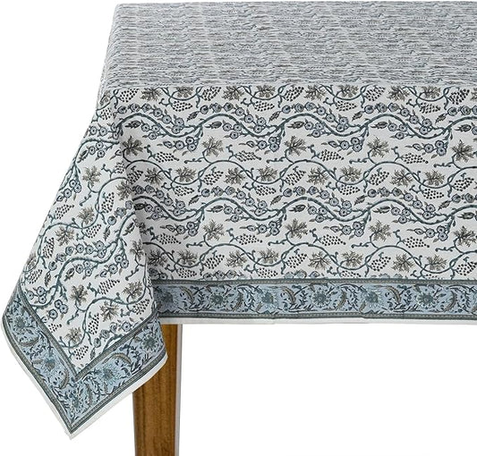 Ridhi Baby Blue Eyes Hand Block Print Cotton Rectangle Tablecloth 120" x 80" inches Reusable Table Cover Decorative Everyday Use for Dining, Farmhouse, Home, Party, Festive, Wedding, Fall