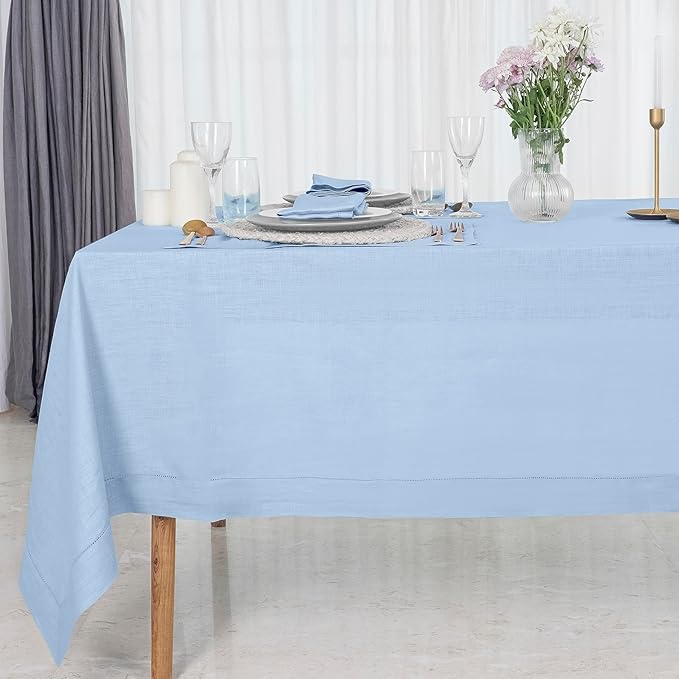 D'Moksha Homes Powder Blue Linen Tablecloth 60 x 108 Inch - 100% Pure Linen Blue Table Cloth for Rectangle Tables - Classic Hemstitch, Machine Washable Tablecloth for Holiday, New Year