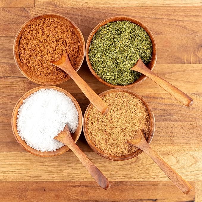 Zulay Kitchen Teak Wood Dipping Bowls with Spoons Set – 8 Piece Wooden Serving Set with 4 Mini Bowls and 4 Small Spoons, Handcrafted Natural Teak Wood, Durable & Smooth Finish