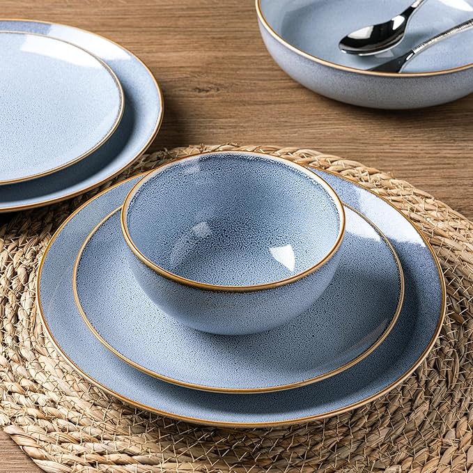 GBHOME Ceramic Dinnerware Sets for 4, 12 Pieces Stoneware Plates and Bowls Sets, Reactive Glaze Dishes -Scratch Resistant, Dishwasher&Microwave Safe- Brunnera Blue
