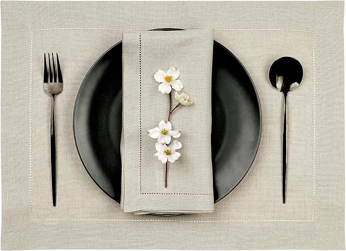 D'Moksha Homes Linen Placemats Set of 6 - Classic Hemstitch Natural Placemats 14 x 19 Inch - 100% Pure Linen Table Mats for Winter, Christmas, Holiday, New Year - Handcrafted and Machine Washable