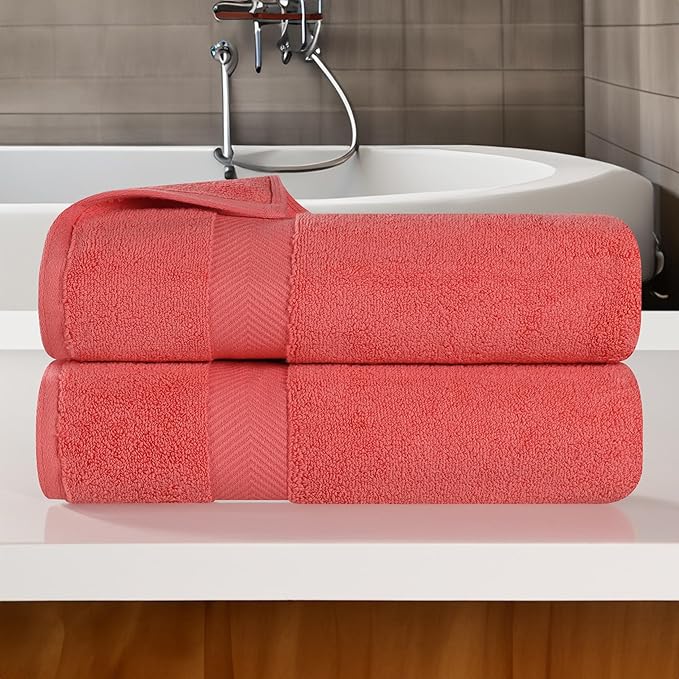 Superior Zero Twist 100% Cotton Bath Towels, Super Soft, Fluffy and Absorbent, Premium Quality Oversized Bath Towel Set of 2, Coral