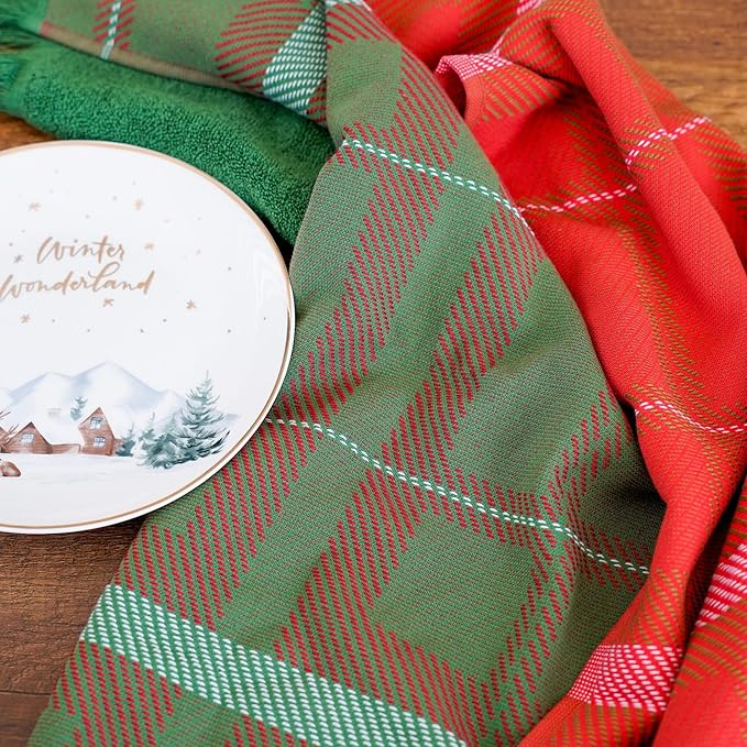 sea me at home Holiday Plaid Hand Towels for Bathroom, Red & Green Check Decorative Towels for Christmas Kitchen & Bathroom, Tea Towels 15 x 34 Inches for Bohemian, Farmhouse Decor (Xmas Plaid)