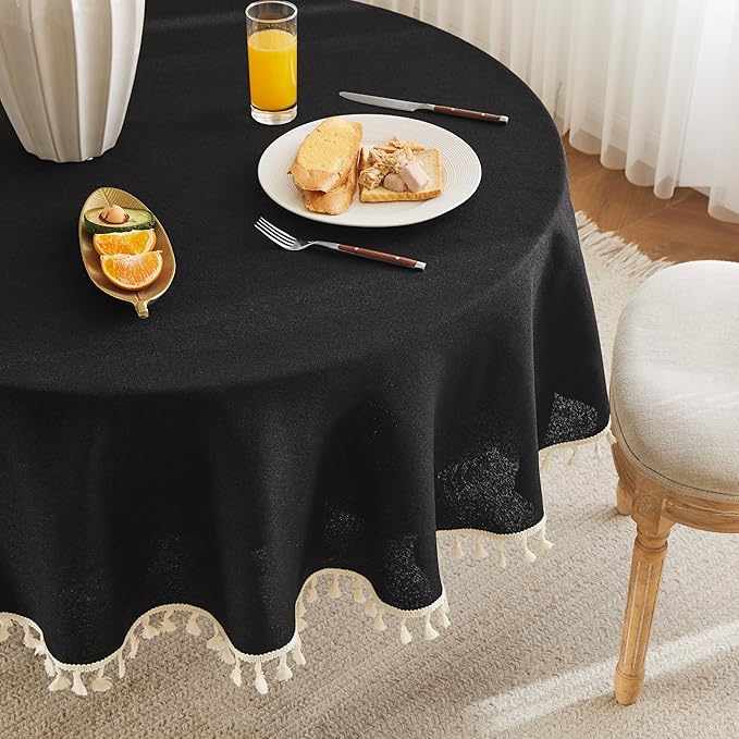 Linen Tablecloth with Tassels, Farmhouse Style Black Tablecloth, Water Resistant Burlap Tablecloths for Round Table, 60 Inch Round Black