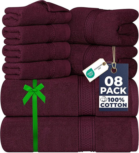 Utopia Towels 8 Piece Luxury Towel Set – Majestic Plush, Super Absorbent & Quicker-to-Dry, Thick 100% Ring Spun Cotton Towels for Bathroom, Spa & Hotel – 2 Bath, 2 Hand, 4 Washcloths, Burgundy