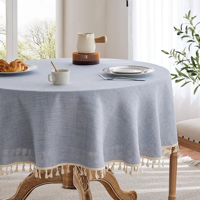 Linen Tablecloth with Tassels, Farmhouse Style Blue Tablecloth, Water Resistant Burlap Tablecloths for Round Table, 52 Inch Round Blue
