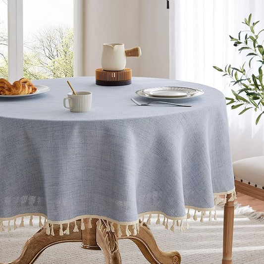 Linen Tablecloth with Tassels, Farmhouse Style Blue Tablecloth, Water Resistant Burlap Tablecloths for Round Table, 60 Inch Round Blue