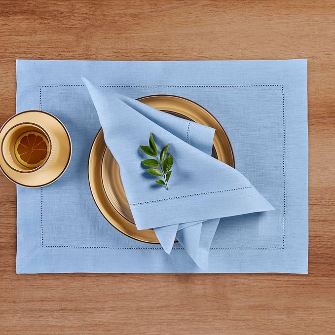 Solino Home Linen Cloth Napkins Set of 4-100% Pure Linen Cornflower Blue Dinner Napkins 20 x 20 Inch - Classic Hemstitch, Handcrafted and Machine Washable - Holiday, New Year