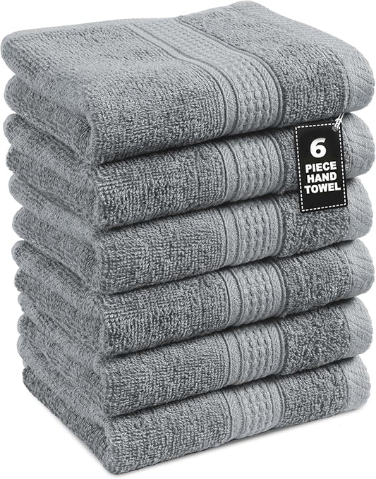 LANE LINEN Luxury Hand Towels Set of 6 (16"x28") - 100% Ringspun Cotton Hand Towel Set - Durable, Quick Dry, Ultra Soft & Highly Absorbent Hand Towels for Bathroom - Sustainably Produced - Cool Grey