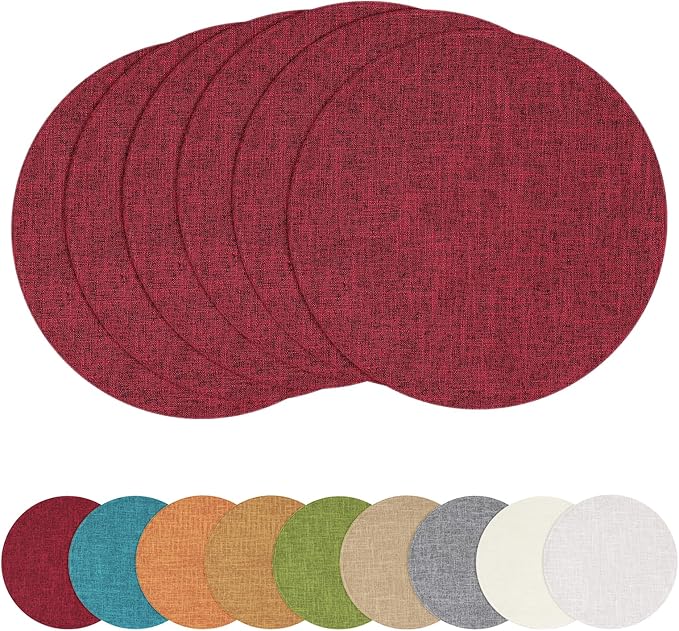 homing 15 Inch Round Cloth Placemats Set of 6, Cotton Linen Blend Washable Table Mats, Farmhouse Dining Place Mats for Indoors & Outdoors, Easy to Clean, Red