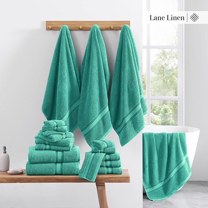 LANE LINEN 100% Cotton Bath Towel Set of 18 – 6 Bath, 6 Hand Towel & 6 Washcloths, Zero Twist, Absorbent Softness for Daily Use, Perfect for Airbnb, Spa & Hotel, Machine Washable – Teal