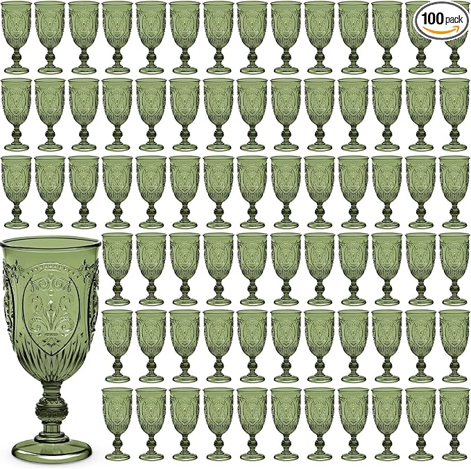 100 Pcs Plastic Goblets 7.5oz Vintage Goblet Plastic Wine Glasses Colored Retro Embossed Water Goblets for Wine Bar Juice Baby Shower Wedding Reception Grand Event Party (Olive Green)