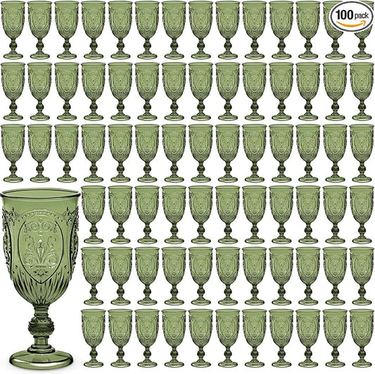 100 Pcs Plastic Goblets 7.5oz Vintage Goblet Plastic Wine Glasses Colored Retro Embossed Water Goblets for Wine Bar Juice Baby Shower Wedding Reception Grand Event Party (Olive Green)