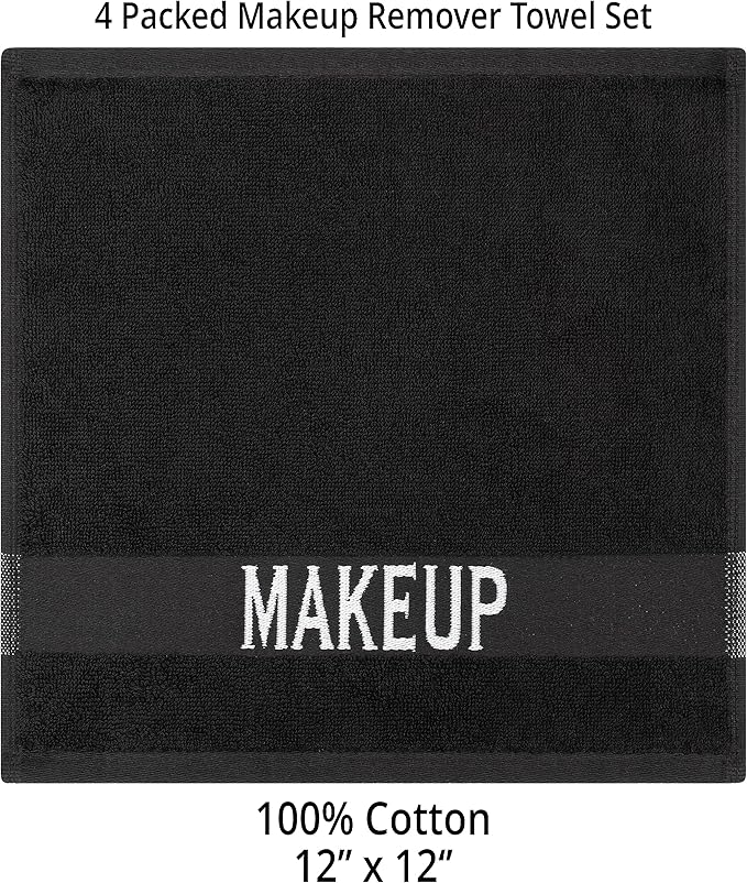 Cotton Paradise Makeup Remover Towels 4 Pack 100% Cotton 12x12 Inch Turkish Makeup Removal Face Cloths for Washing Face Soft Black Makeup Towel