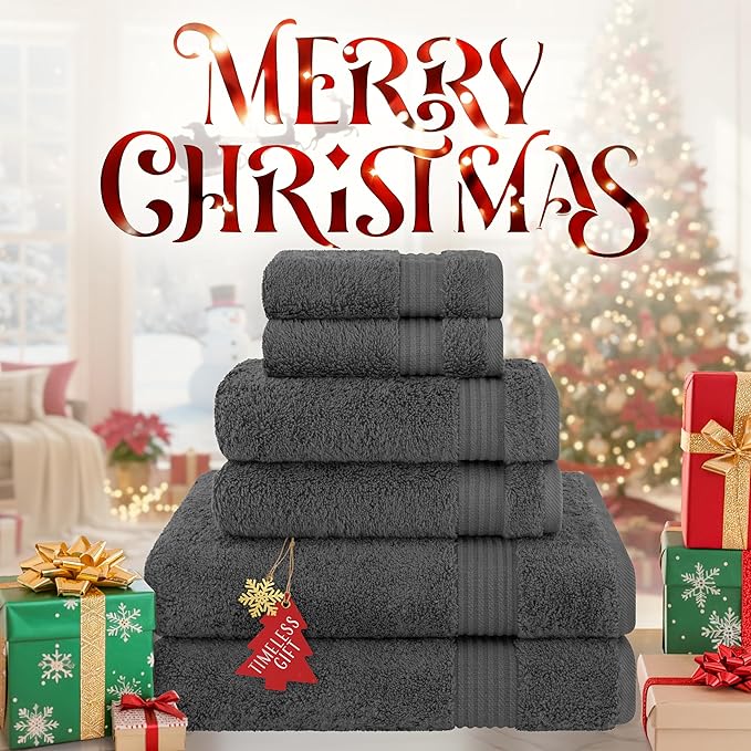 Cotton Paradise 6 Piece Towel Set 100% Cotton Soft Absorbent Turkish Towels for Bathroom 2 Bath Towels 2 Hand Towels 2 Washcloths, Dark Gray Towel Set