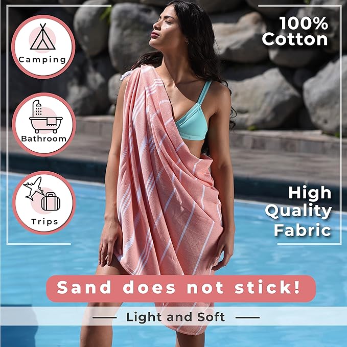 Turkish Beach Towel - Cotton Bathroom Towels Highly-Absorbent Quick Dry Bath Towels 37 x 70 inch Beach Towels Sand-Free Turkish Bath Towel Multipurpose Yoga Towel Beach Blanket (Coral)