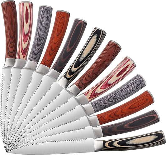 Pakkawood Steak Knives Set of 12, 12PCS Set of Stainless Steel Serrated Steak Knives with Pakka Wood Handle, Fine Edge Dinner Knife Set with Gift Box for Home Party