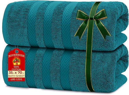 RIVERSIDE Pack of 2 Extra Large Bath Sheets 35 x 70 Inches - 100% Ring Spun Cotton Hotel Quality Oversized Bath Towels - Super Soft, Highly Absorbent & Quicker to Dry - Teal