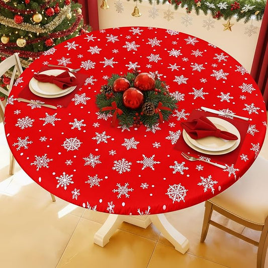 Round Spandex Christmas Tablecloth, Elastic Fitted Waterproof Tablecloths for 36"-44" Tables, Stretch Washable Picnic Table Cover for Christmas Dinner, Dot Snowflake