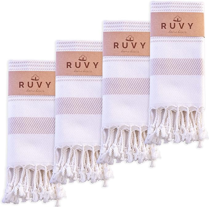 Ruvy Home Basics Turkish Hand Towels for Bathroom Set of 4 | 18"x40", Cotton | Decorative Towel for Bathroom, Kitchen, Dishcloth, Tea, Yoga, Face, Gym - Beige