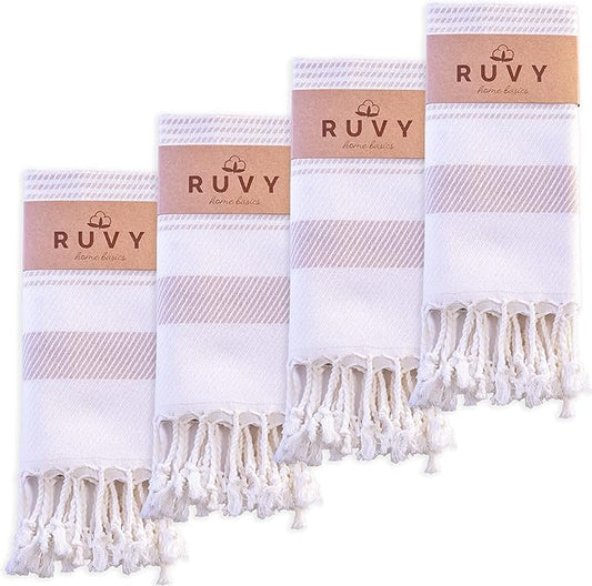 Ruvy Home Basics Turkish Hand Towels for Bathroom Set of 4 | 18"x40", Cotton | Decorative Towel for Bathroom, Kitchen, Dishcloth, Tea, Yoga, Face, Gym - Beige