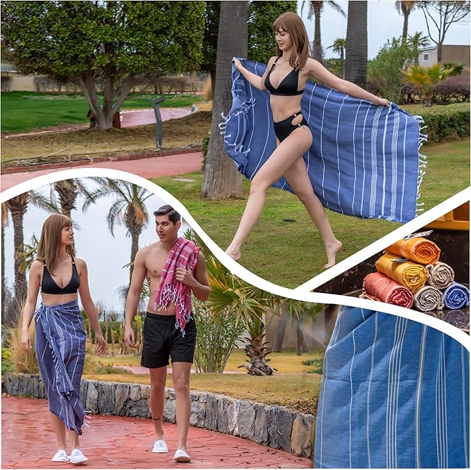 Turkish Beach Towel, Prewashed, 100% Cotton, Soft, Absorbent, Quick Dry, Sand Free Large Oversize Beach Towels for Bathroom Camping Yoga Gym Pool Travel Size 39x71 Inches (Blue)