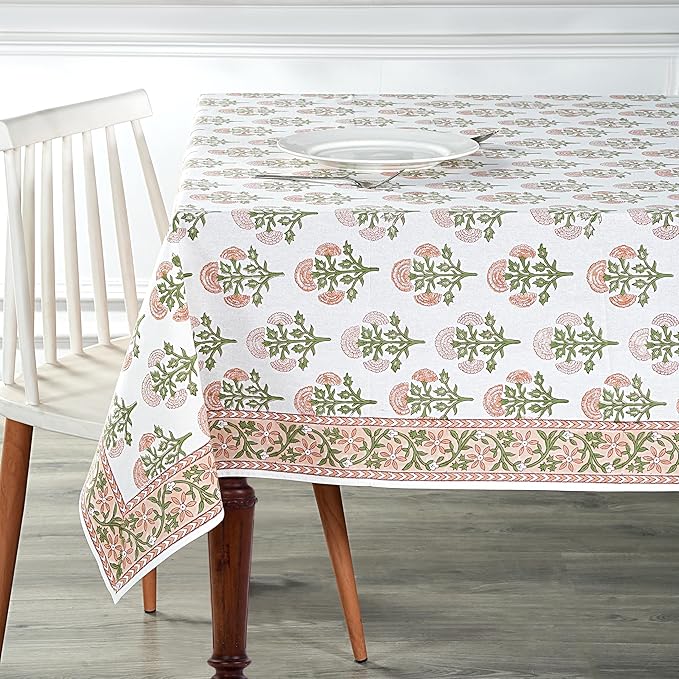Ridhi Mughal Buta Peach Hand Block Print Cotton Rectangle Tablecloth 120" x 60" inches Reusable Table Cover Decorative Everyday Use for Dining, Farmhouse, Home, Party, Festive, Wedding, Fall