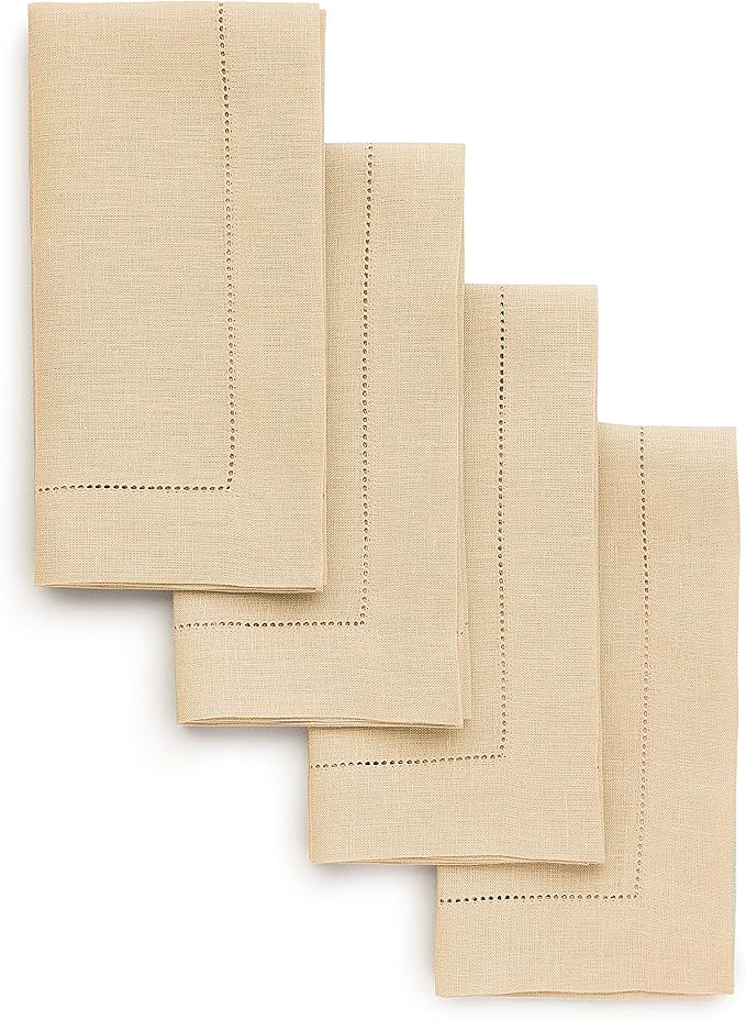 Solino Home Linen Napkins Set of 4 - Classic Hemstitch 100% Pure Linen Beige Dinner Napkins Cloth 20 x 20 Inch for New Year - Handcrafted and Machine Washable