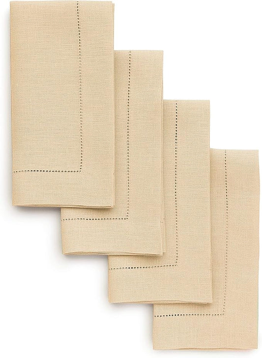 Solino Home Linen Napkins Set of 4 - Classic Hemstitch 100% Pure Linen Beige Dinner Napkins Cloth 20 x 20 Inch for New Year - Handcrafted and Machine Washable