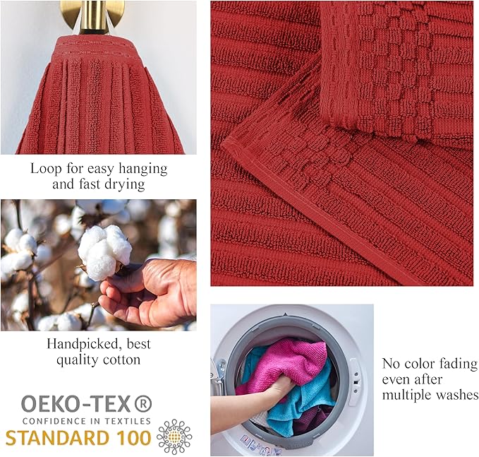 Superior Cotton Face Towel/Washcloth Set of 12, Daily Use for Bathroom, Guest Bath, Quick Dry Small Towels, Face, Hand, Gym, Spa, Hotel, Absorbent, Essentials, Ribbed, Soho Collection, Burgundy