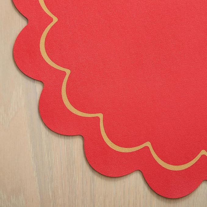 Kate Spade New York Scallop Edge Round Reversible Placemats 6-Pack Set, Imitation Leather with Metallic Print, Water Resistant, Easy Wipe Clean, Red/Gold, 15" Round