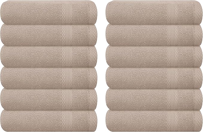 GLAMBURG Ultra Soft 12-Piece Washcloths Set 13x13-100% Ringspun Cotton - Durable & Highly Absorbent Face Towels - Ideal for use in Bathroom, Kitchen, Gym, Spa & General Cleaning - Tan
