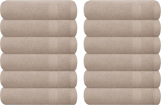 GLAMBURG Ultra Soft 12-Piece Washcloths Set 13x13-100% Ringspun Cotton - Durable & Highly Absorbent Face Towels - Ideal for use in Bathroom, Kitchen, Gym, Spa & General Cleaning - Tan