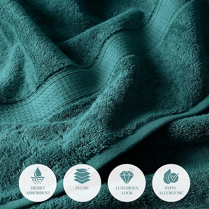Superior Egyptian Cotton Pile Bath Towel Set of 2, Ultra Soft Luxury Towels, Thick Plush Essentials, Absorbent Heavyweight, Guest Bath, Hotel, Spa, Home Bathroom, Shower Basics, Teal