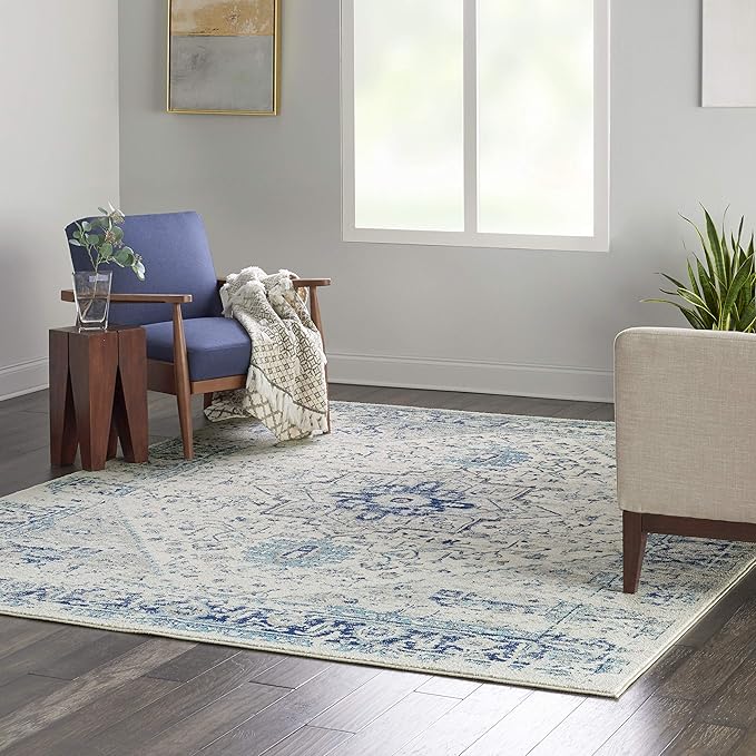 Nourison Home Tranquil Ivory/Light Blue 8'10" x 11'10" Area Rug - Easy Clean, Non Shedding, Bed Room, Living Room, Dining Room, Kitchen (9' x 12')