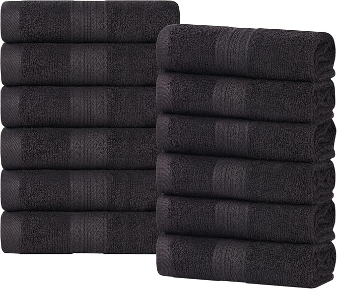 Superior Eco-Friendly Cotton 12-Piece Face Towel/Washcloth Set, Small, Fast Drying Towels for Face, Spa, Resort, Hotel, Hand, Shower, Guest Bathroom, Home, Airbnb, Apartment Essentials, Black