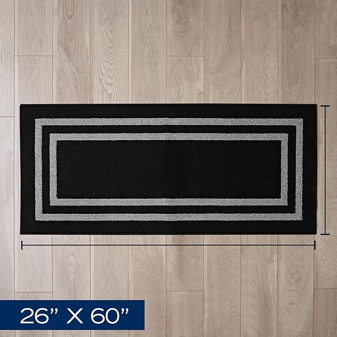 Nautica – Runner Rug | Indoor Runners for Hallways and Entry Rugs| Non-Slip and Non-Skid Entry and Kitchen Door Mat| Machine Washable Entryway Carpet Rugs | 2'2" x 5' | Double Border Black
