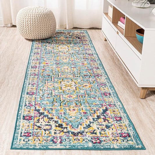 JONATHAN Y Brooklyn Geometric Medallion Blue/Multi Runner Rug, 2x8, Vintage, Bohemian, Easy-Cleaning for Living Room, Bedroom, Kitchen, Pet Friendly, Non-Shedding (MDP207E-28)