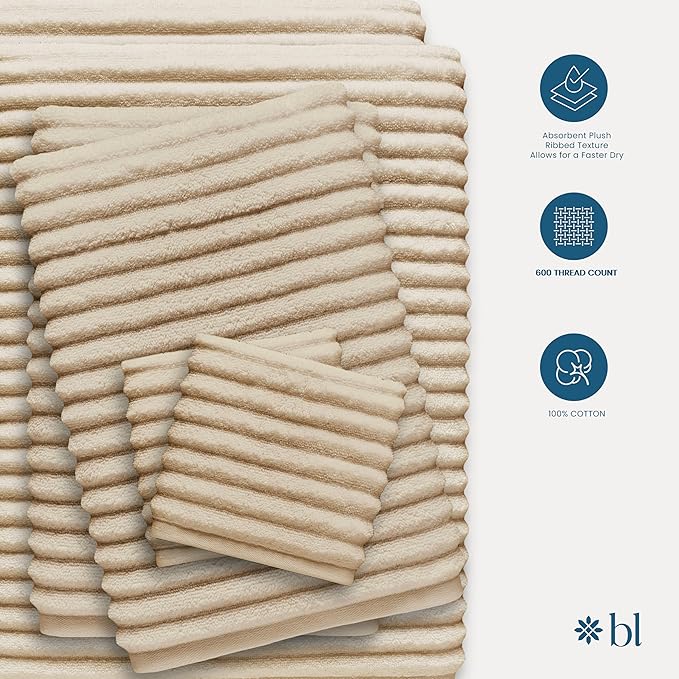 Blue Loom Ribbed Bath Towels Set, 100% Cotton 600GSM, Soft Absorbent Durable 2 Bath Towels, 2 Hand Towels, 2 Wash Cloths for Bathroom - Mason (58" x 30" inch Towels) (Ivory, 6 Piece)