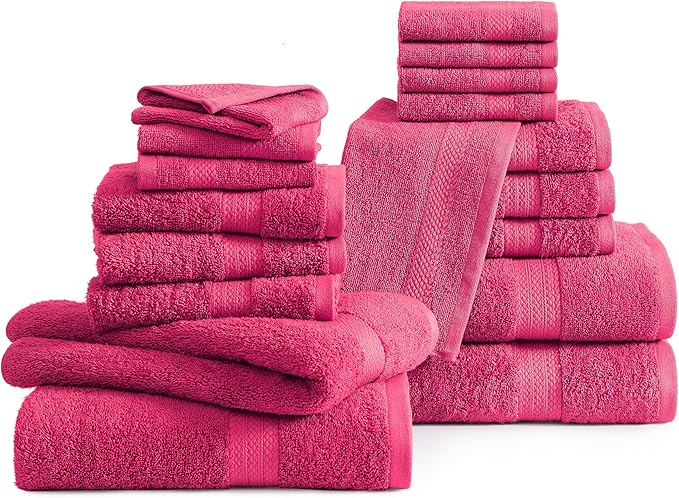 LANE LINEN 100% Ring Spun Cotton Luxury Bath Towel Set - 18 PCs - 4 Bath Towels, 8 Washcloths & 6 Turkish Hand Towels for Bathroom - Sustainably Produced, Ultra Soft & Absorbent - Fuschia