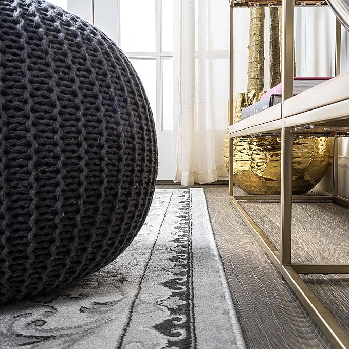 JONATHAN Y Acanthus French Border Light Gray/Cream Runner Rug, 2x8, Vintage, Bohemian, Easy-Cleaning for Living Room, Bedroom, Kitchen, Pet Friendly, Non-Shedding (MDP504F-28)