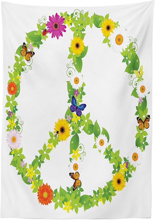 Ambesonne Groovy Tablecloth, Peace Natural Youthful Flourishes Summertime Holiday Traveling, Rectangular Table Cover for Dining Room Kitchen Decor, 52" X 70", Green