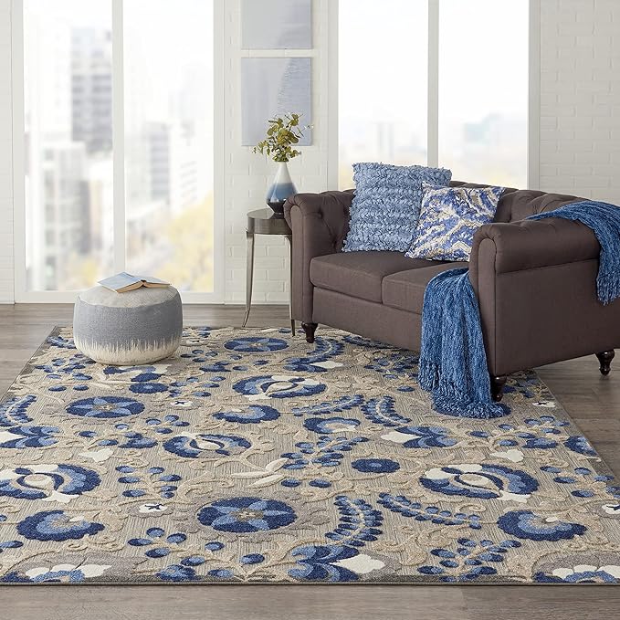 Nourison Home Aloha Natural Blue 9' x 12' Area Rug - Easy Clean, Non Shedding, Bed Room, Living Room, Dining Room, Kitchen (9' x 12')