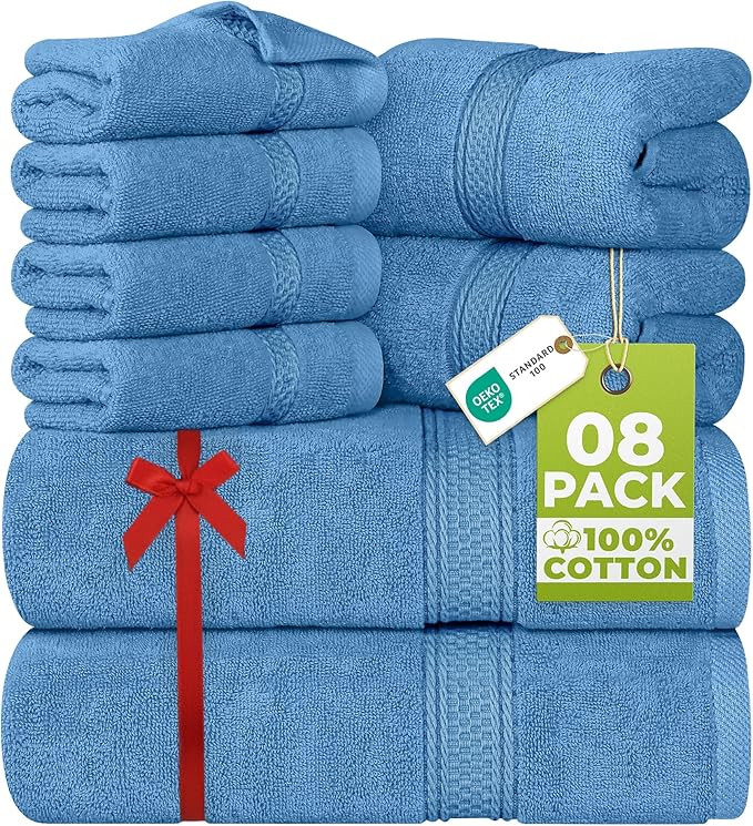 Utopia Towels 8 Piece Luxury Towel Set – Majestic Plush, Super Absorbent & Quicker-to-Dry, Thick 100% Ring Spun Cotton Towels for Bathroom, Spa & Hotel – 2 Bath, 2 Hand, 4 Washcloths, Electric Blue