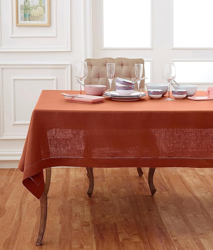 Solino Home Linen Cinnamon Tablecloth 60 x 144 Inch - Classic Hemstitch, 100% Pure Linen Rectangular Tablecloth - Machine Washable Table Cloth