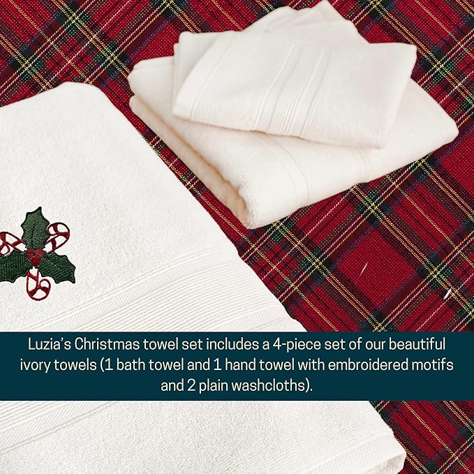 Luzia Christmas Towel Set | Ivory Color | Includes 1 Bath and 1 Hand Towel with Embroidered Designs and 2 Plain Washcloths | Presented in A Beautiful Craft Box